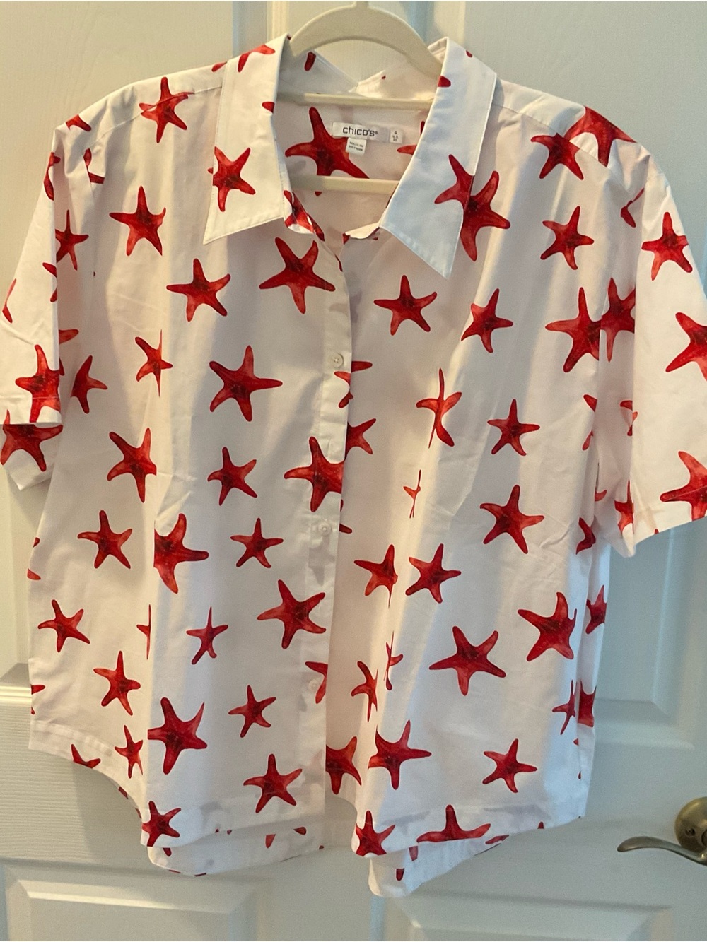 Chico's White Button-Up Shirt with Red Starfish Print